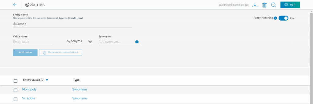 IBM Watson Assistant - Entity - @games