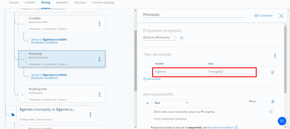 IBM Watson Assistant - Dialog - Open context editor - monopoly