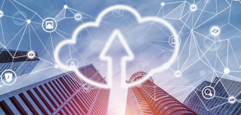 Cloud computing technology and online data storage for global data sharing. Computer connects to internet network server service for cloud data transfer presented in 3D futuristic graphic interface.