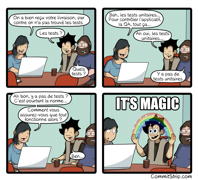 Illustration "Où sont les tests unitaires ?" - CommitStrip.com